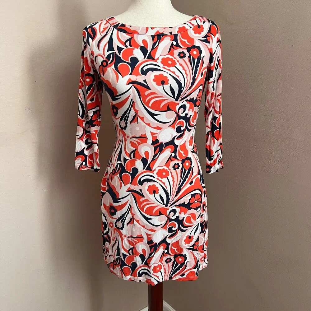 Boden Retro Sylvia Marion Tie Jersey Tunic Dress Floral Pink Red‎ Size 4 Petite